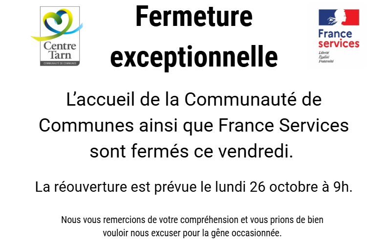 Fermeture exceptionnelle de l&rsquo;accueil de la Communauté de communes Centre Tarn le vendredi 16 octobre