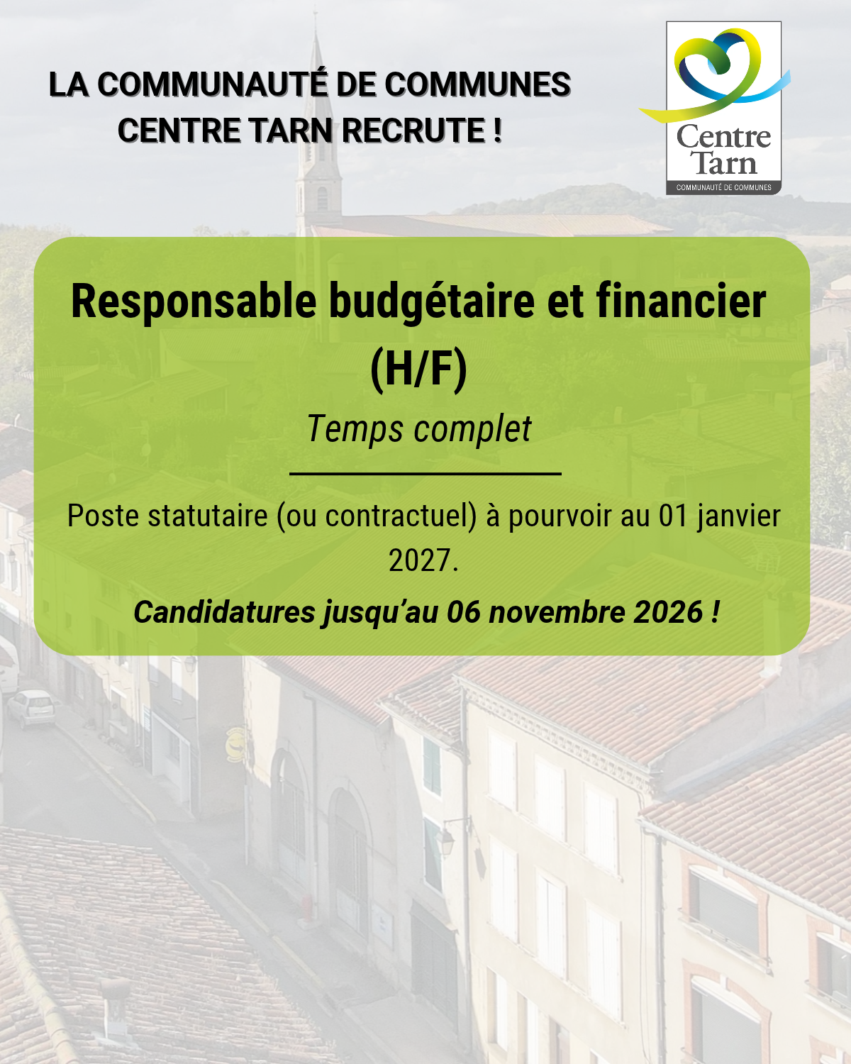 La Communauté de communes Centre Tarn recrute un(e) Responsable budgétaire et financier !